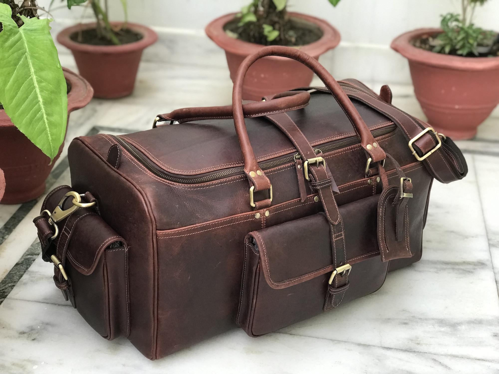 Pure leather duffle bag, leather weekend bag